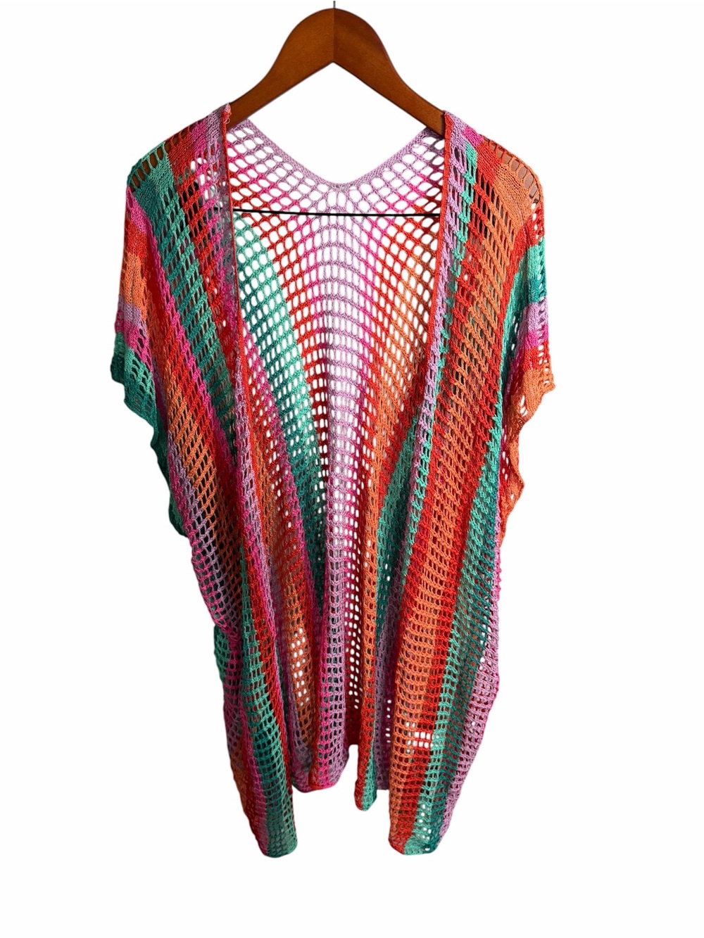 Colorblock Open-Weave Crochet Kimono Cover-Up